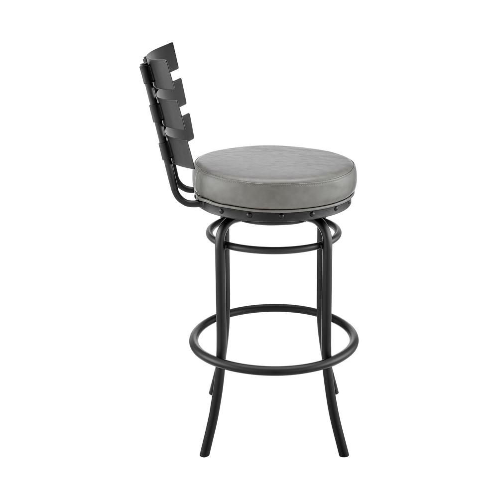 Natya Swivel Counter or Bar Stool in Black Finish with Grey Faux Leather. Picture 2