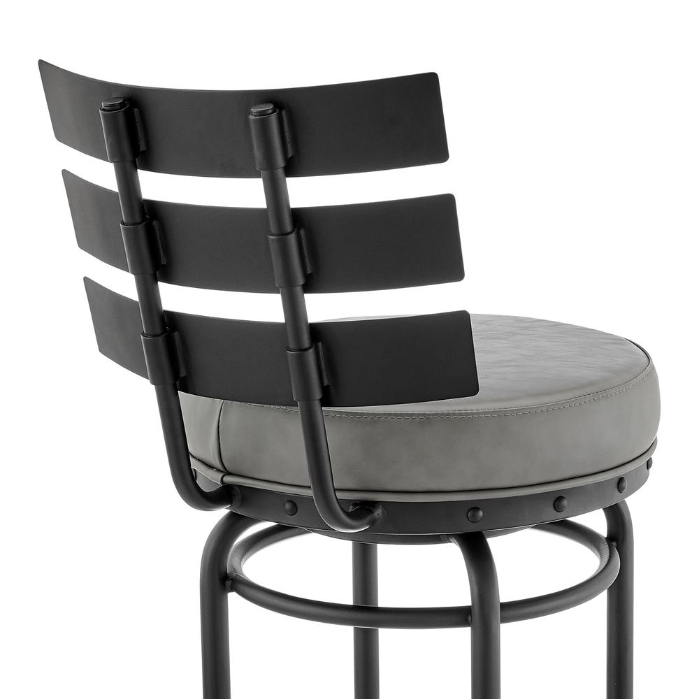 Natya Swivel Counter or Bar Stool in Black Finish with Grey Faux Leather. Picture 6