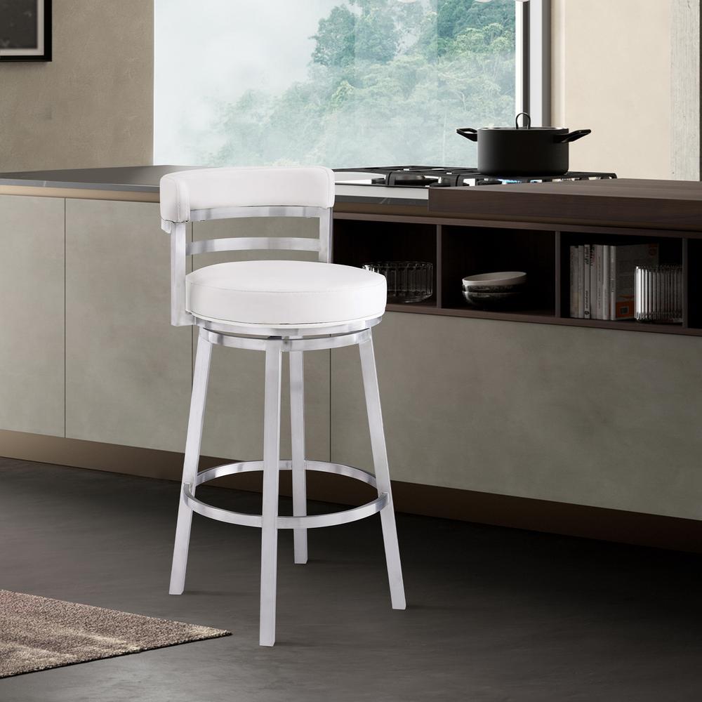 Titana 26" Counter Height Swivel White Faux Leather and Brushed Stainless Steel Bar Stool. Picture 9