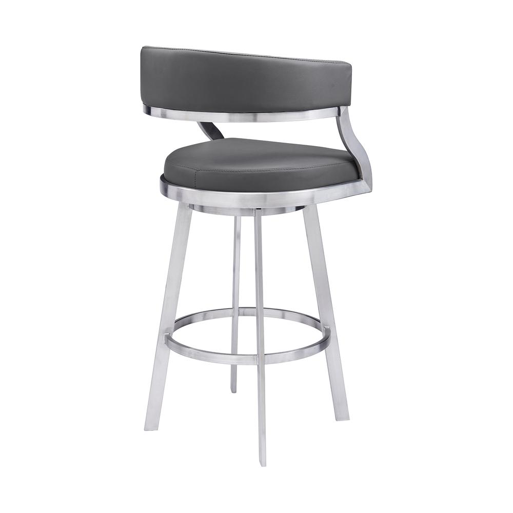 Dione 26" Counter Height Swivel Grey Faux Leather and Brushed Stainless Steel Bar Stool. Picture 2