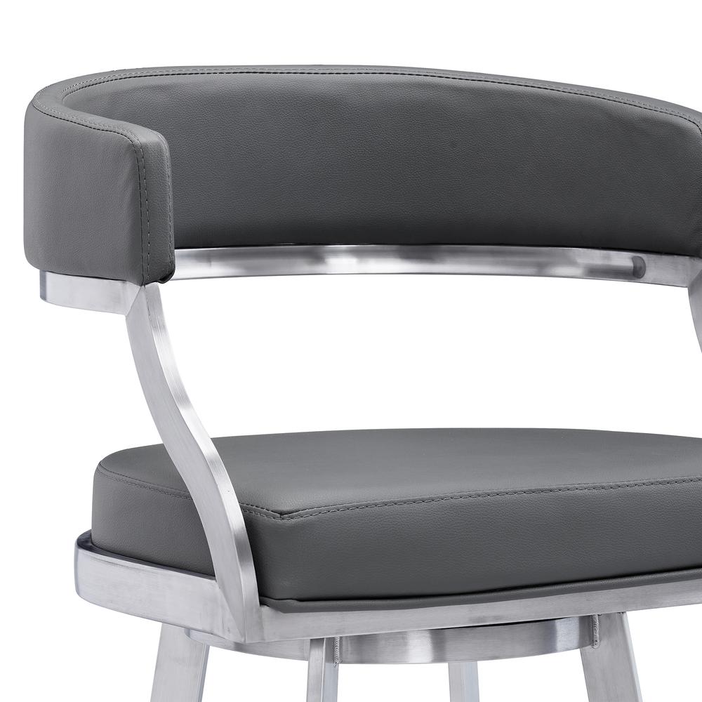 Dione 26" Counter Height Swivel Grey Faux Leather and Brushed Stainless Steel Bar Stool. Picture 3