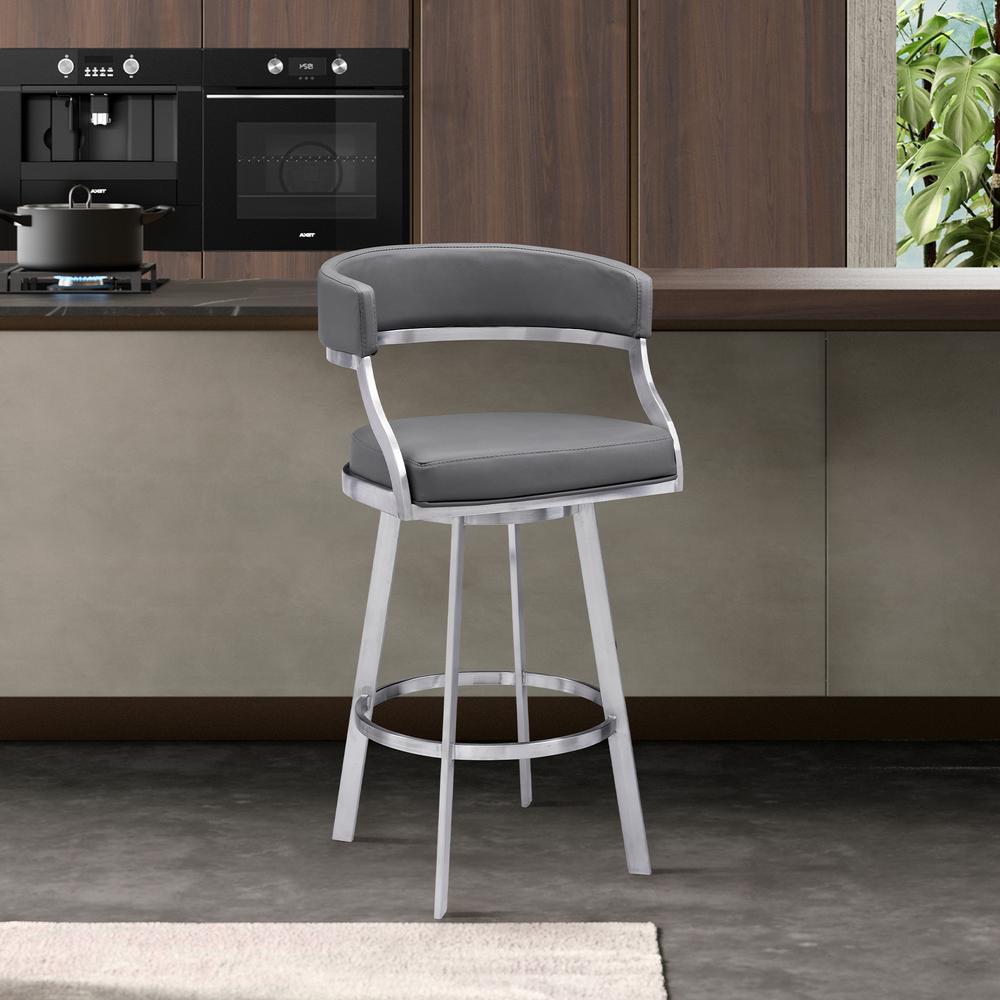 Dione 26" Counter Height Swivel Grey Faux Leather and Brushed Stainless Steel Bar Stool. Picture 10