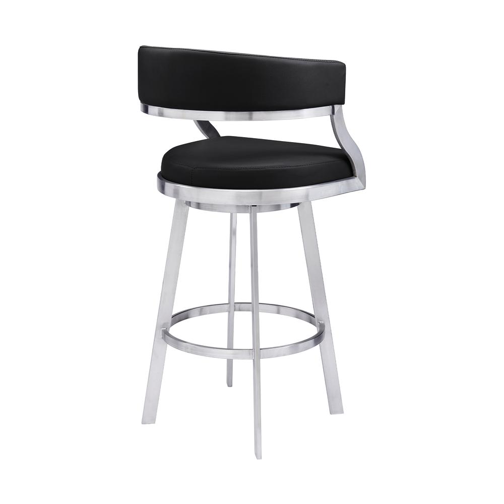 Dione 26" Counter Height Swivel Black Faux Leather and Brushed Stainless Steel Bar Stool. Picture 2