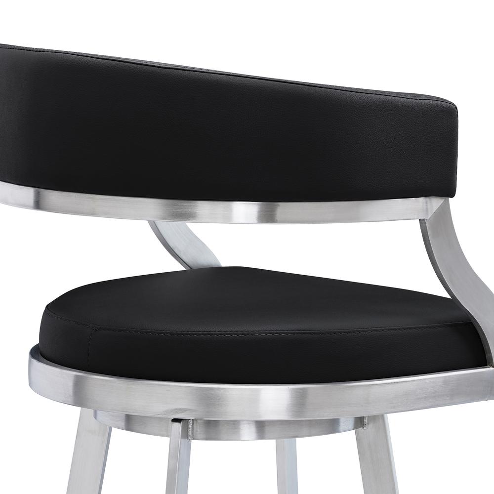 Dione 26" Counter Height Swivel Black Faux Leather and Brushed Stainless Steel Bar Stool. Picture 4