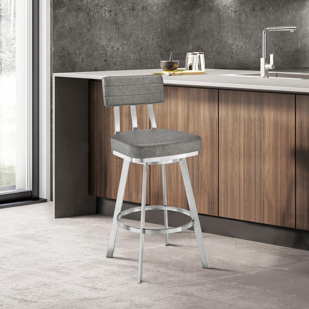 Jinab Swivel Counter Stool in Brushed Stainless Steel with Grey Faux Leather. Picture 9
