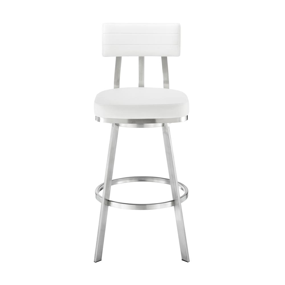 Jinab Swivel Bar Stool in Brushed Stainless Steel with White Faux Leather. Picture 1