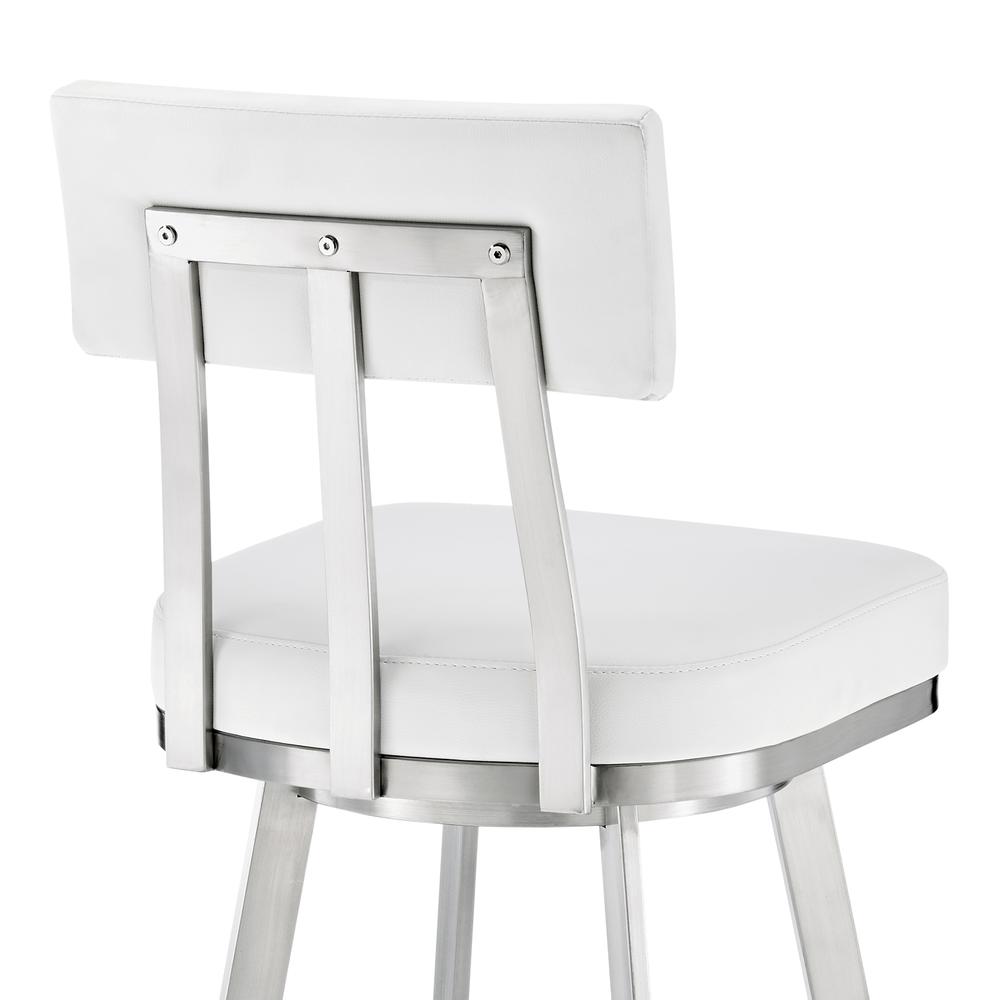 Jinab Swivel Bar Stool in Brushed Stainless Steel with White Faux Leather. Picture 6