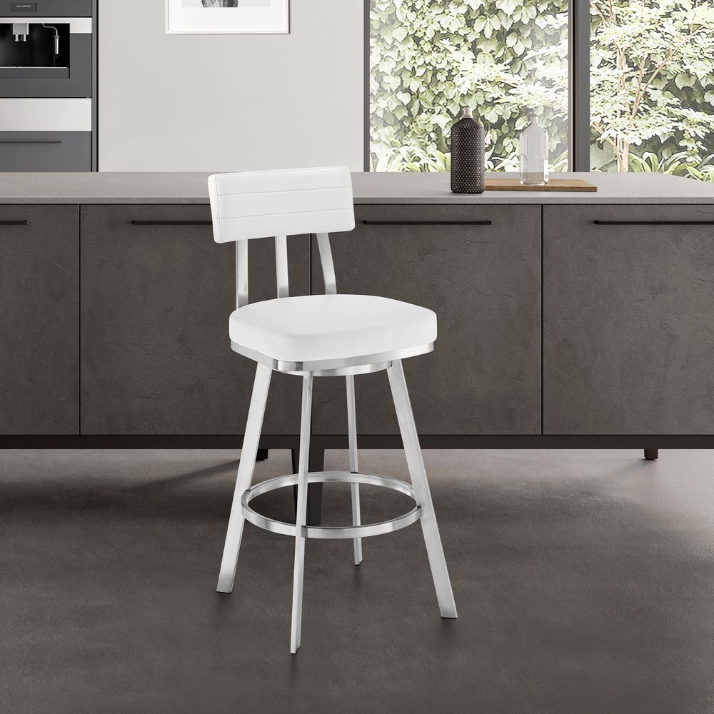 Jinab Swivel Bar Stool in Brushed Stainless Steel with White Faux Leather. Picture 9