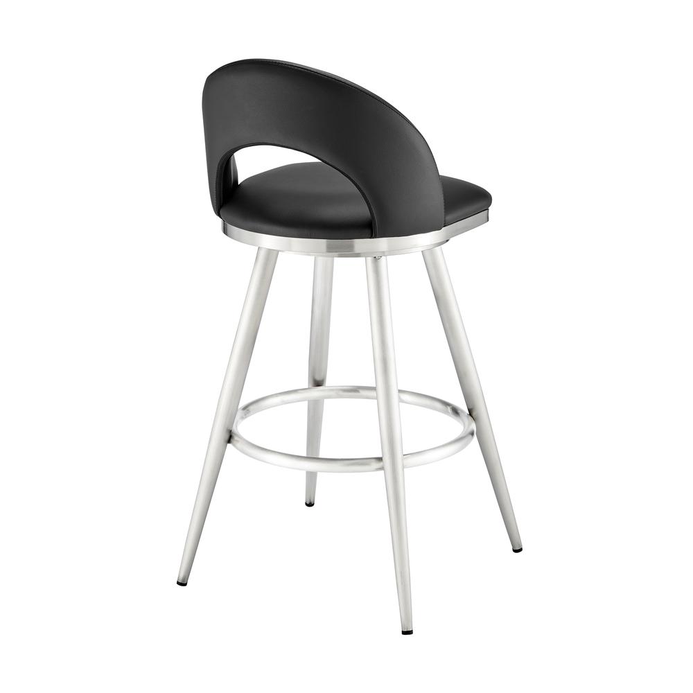 Lottech Swivel Counter Stool in Brushed Stainless Steel and Black Faux Leather. Picture 3