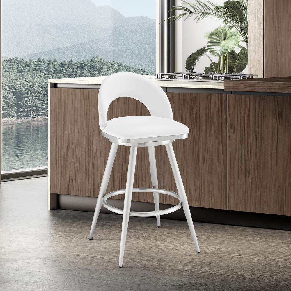 Lottech Swivel Counter Stool in Brushed Stainless Steel with White Faux Leather. Picture 9