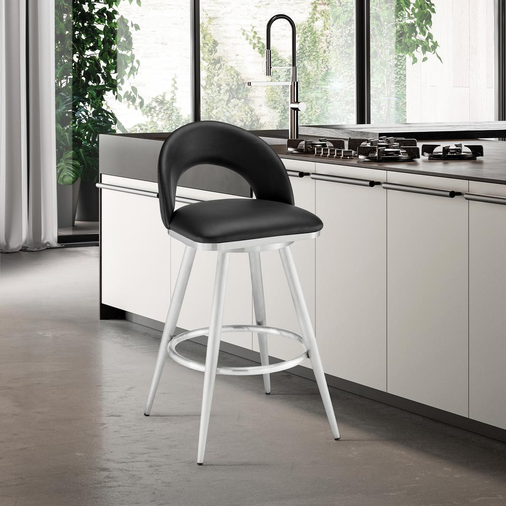 Lottech Swivel Bar Stool in Brushed Stainless Steel with Black Faux Leather. Picture 9