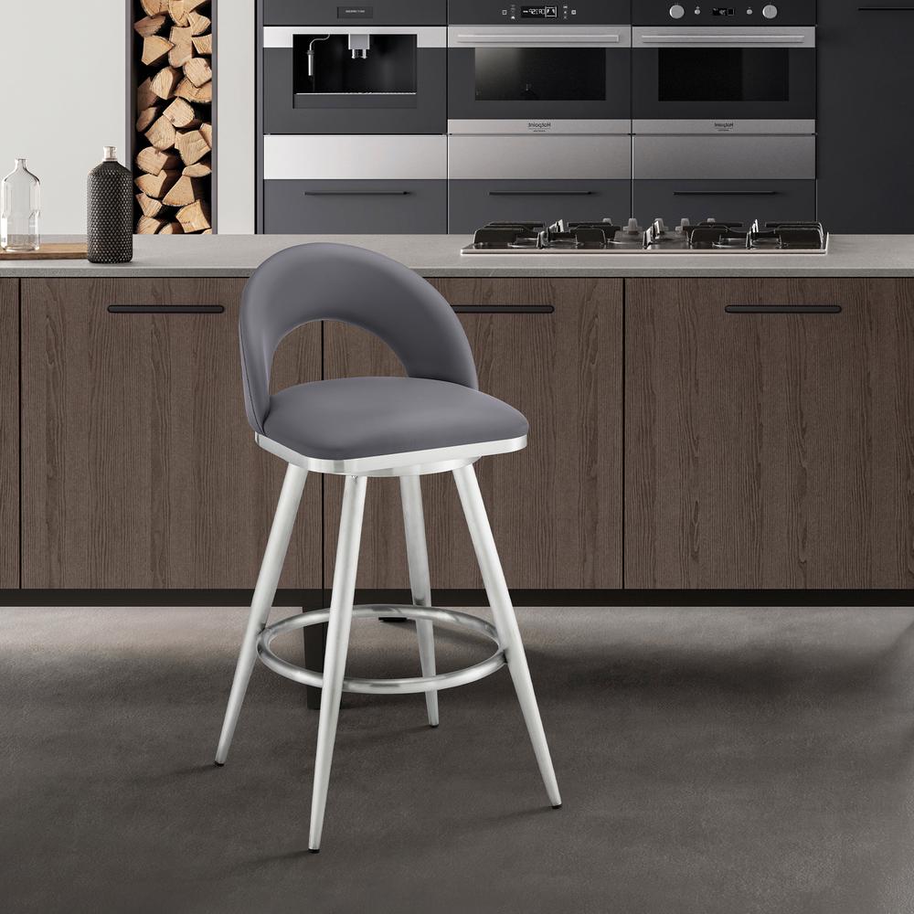 Lottech Swivel Bar Stool in Brushed Stainless Steel with Grey Faux Leather. Picture 9