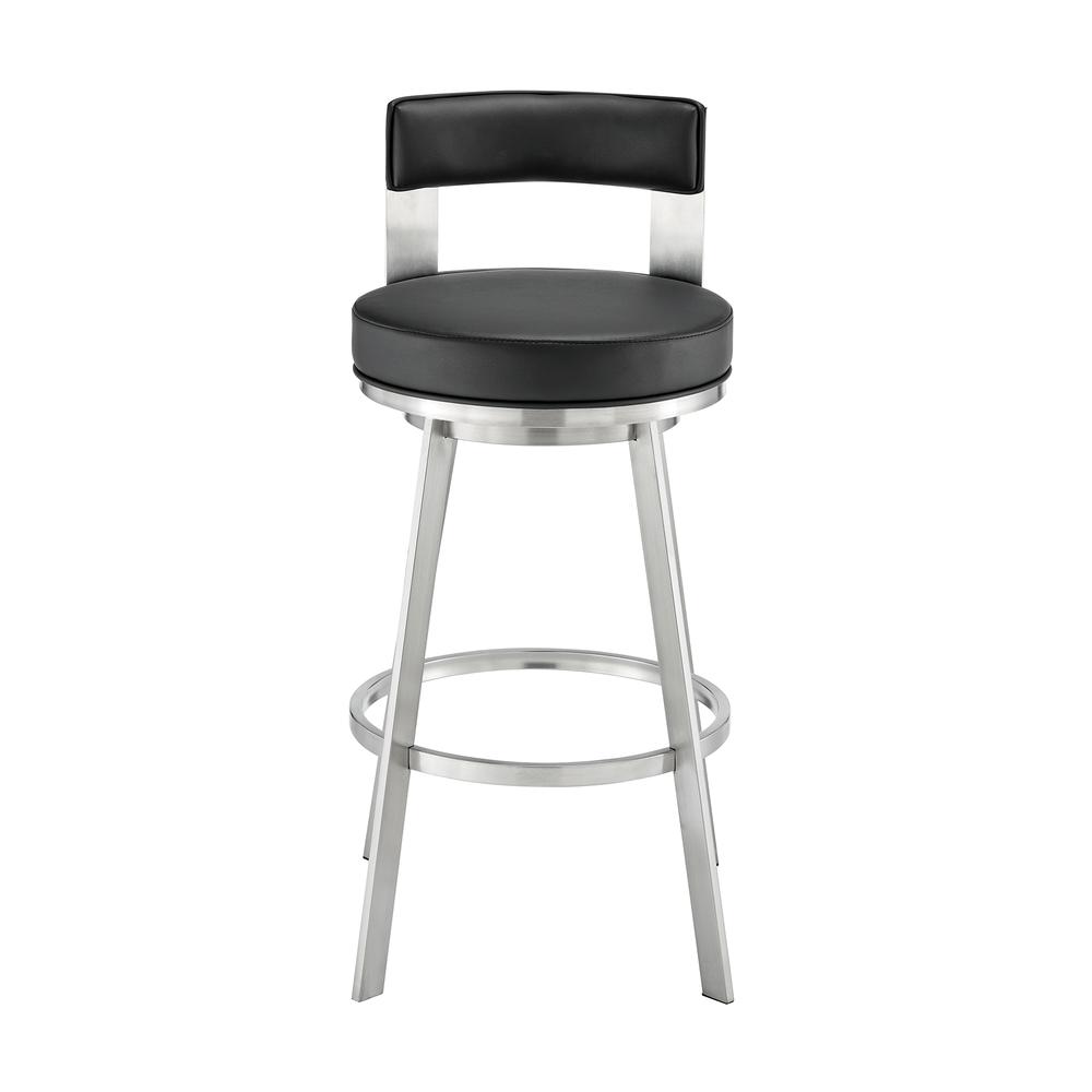 Lynof Swivel Counter Stool in Brushed Stainless Steel with Black Faux Leather. Picture 1
