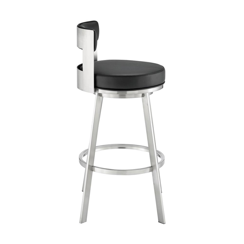 Lynof Swivel Counter Stool in Brushed Stainless Steel with Black Faux Leather. Picture 2