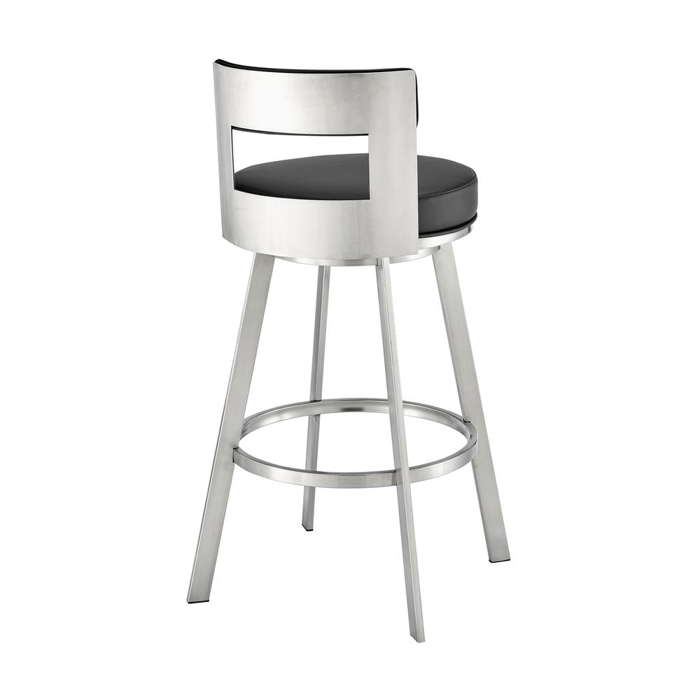 Lynof Swivel Counter Stool in Brushed Stainless Steel with Black Faux Leather. Picture 3