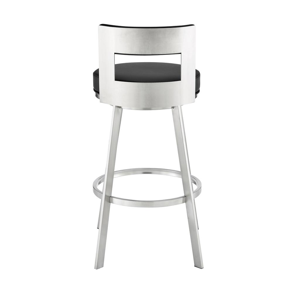 Lynof Swivel Counter Stool in Brushed Stainless Steel with Black Faux Leather. Picture 4