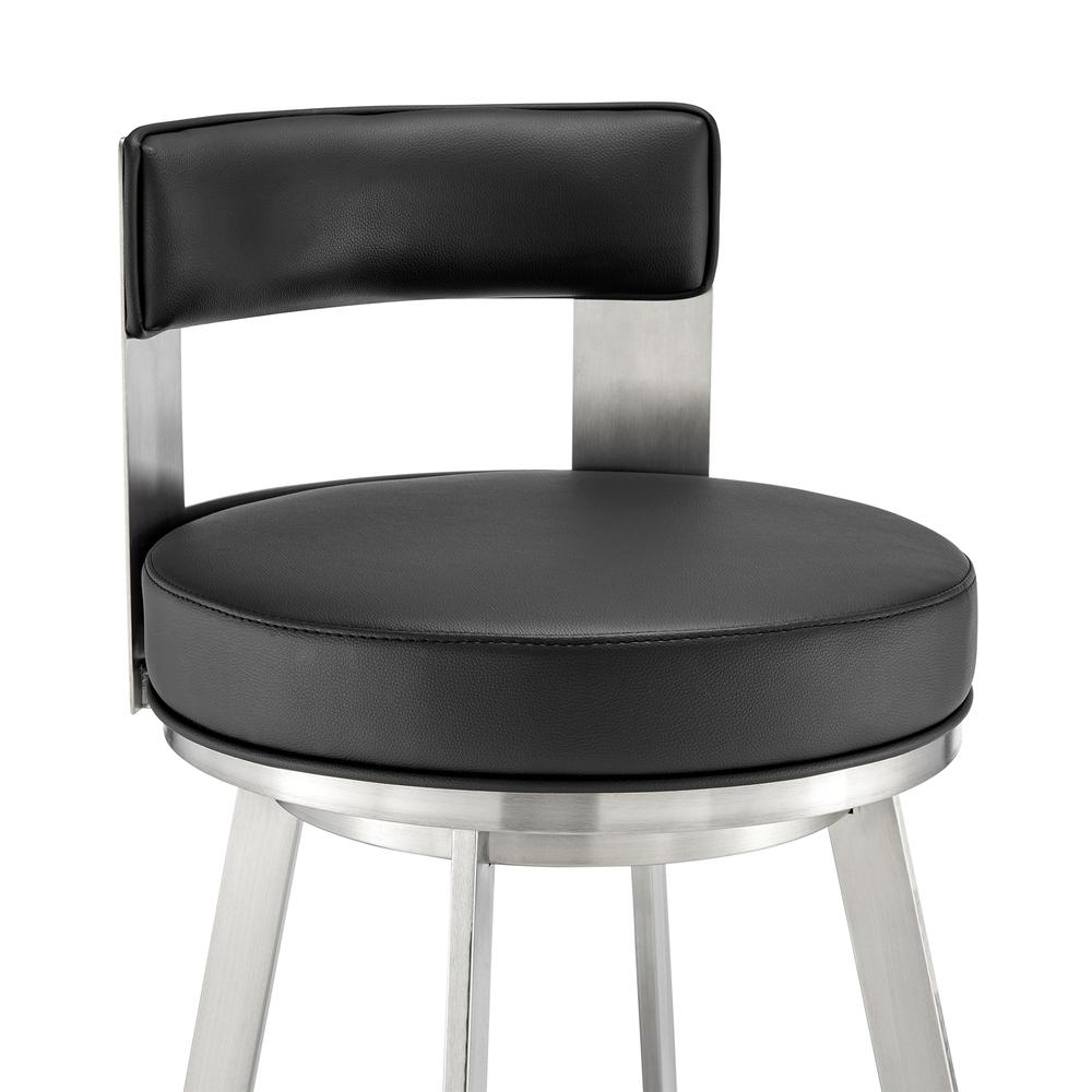 Lynof Swivel Counter Stool in Brushed Stainless Steel with Black Faux Leather. Picture 5