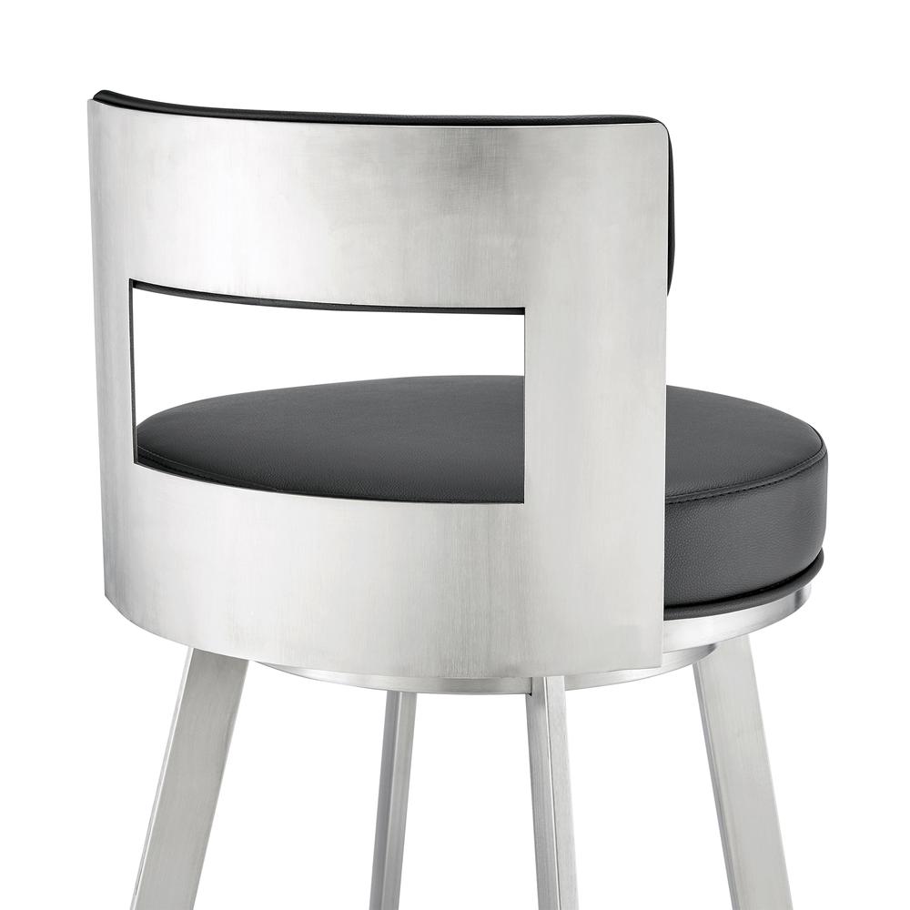 Lynof Swivel Counter Stool in Brushed Stainless Steel with Black Faux Leather. Picture 6