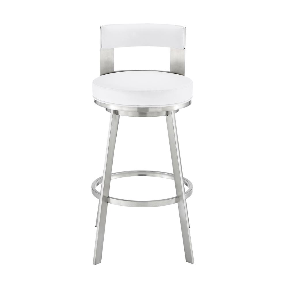 Lynof Swivel Counter Stool in Brushed Stainless Steel with White Faux Leather. Picture 1