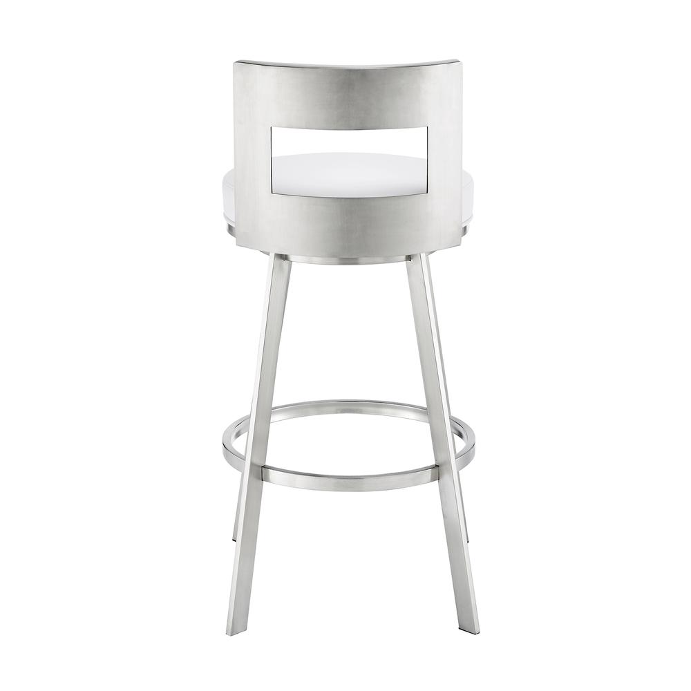 Lynof Swivel Counter Stool in Brushed Stainless Steel with White Faux Leather. Picture 4