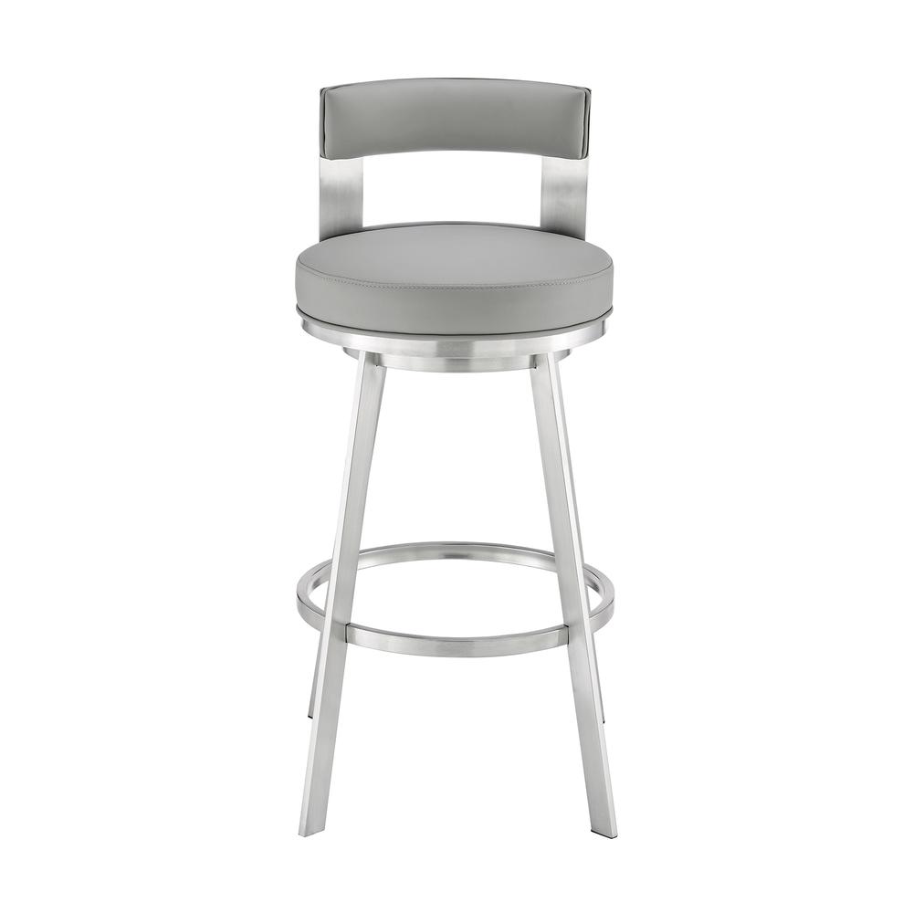 Lynof Swivel Bar Stool in Brushed Stainless Steel with Light Grey Faux Leather. Picture 1