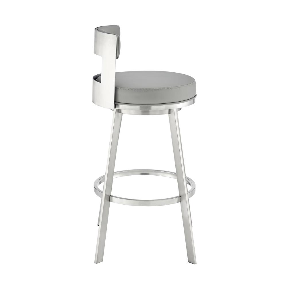 Lynof Swivel Bar Stool in Brushed Stainless Steel with Light Grey Faux Leather. Picture 2