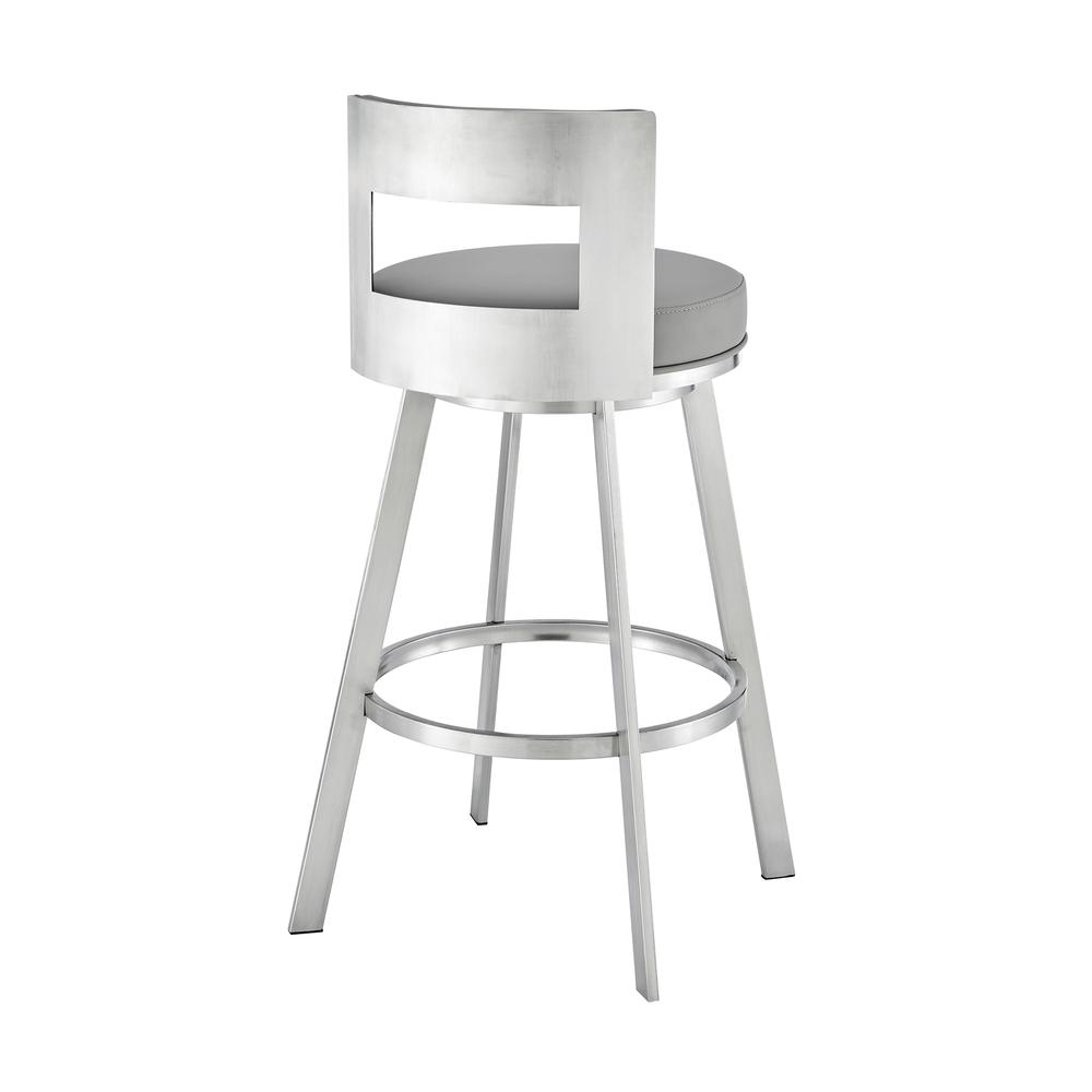 Lynof Swivel Bar Stool in Brushed Stainless Steel with Light Grey Faux Leather. Picture 3