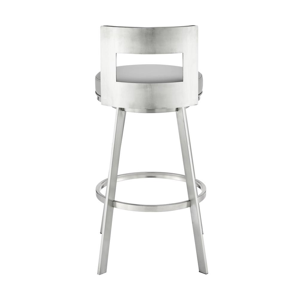 Lynof Swivel Bar Stool in Brushed Stainless Steel with Light Grey Faux Leather. Picture 4