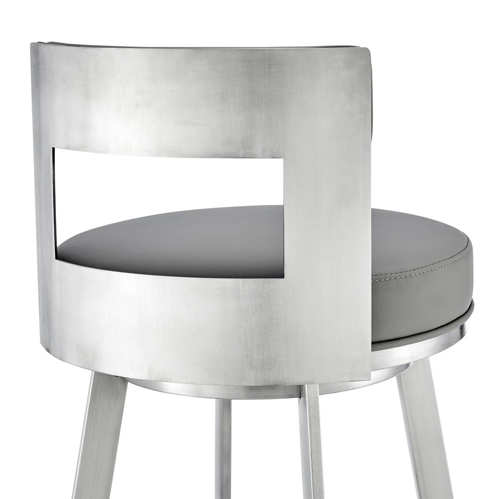 Lynof Swivel Bar Stool in Brushed Stainless Steel with Light Grey Faux Leather. Picture 6