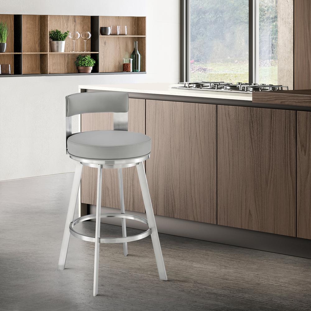 Lynof Swivel Bar Stool in Brushed Stainless Steel with Light Grey Faux Leather. Picture 9