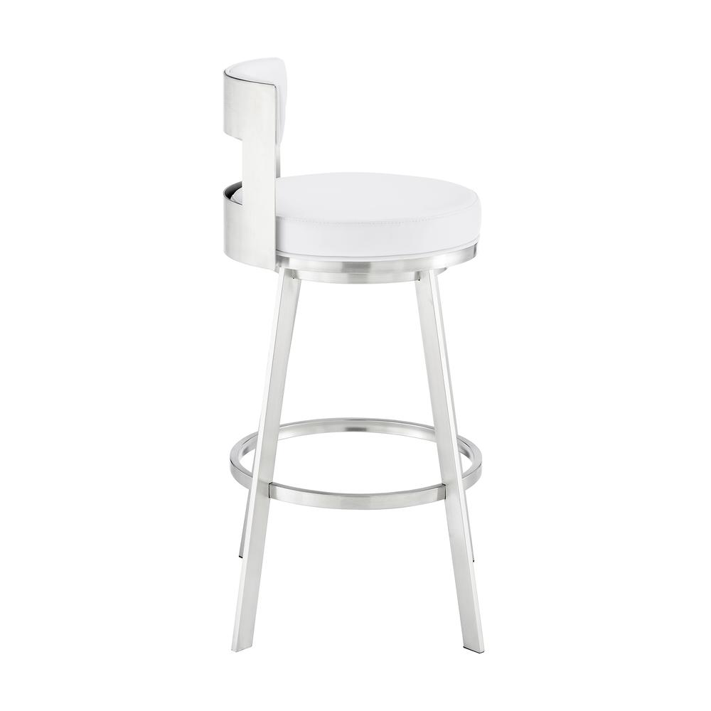 Lynof Swivel Bar Stool in Brushed Stainless Steel with White Faux Leather. Picture 2