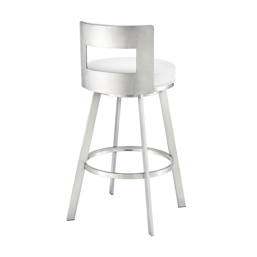 Lynof Swivel Bar Stool in Brushed Stainless Steel with White Faux Leather. Picture 3