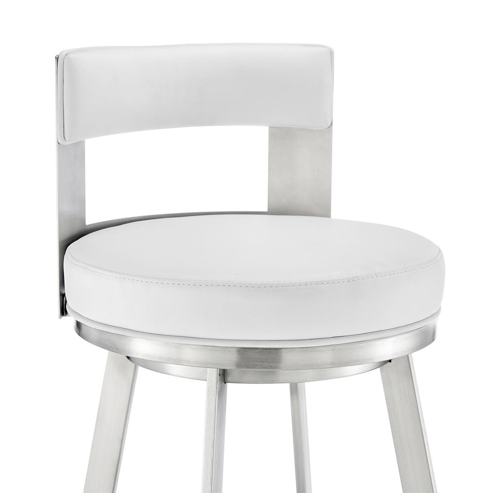 Lynof Swivel Bar Stool in Brushed Stainless Steel with White Faux Leather. Picture 5