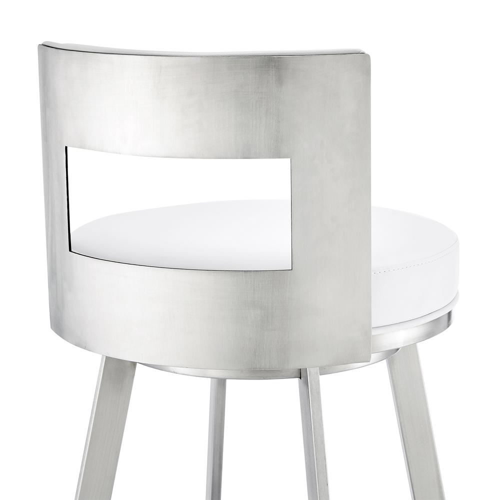 Lynof Swivel Bar Stool in Brushed Stainless Steel with White Faux Leather. Picture 6
