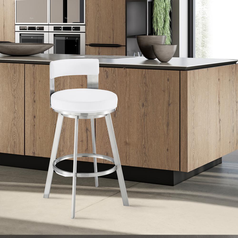 Lynof Swivel Bar Stool in Brushed Stainless Steel with White Faux Leather. Picture 9