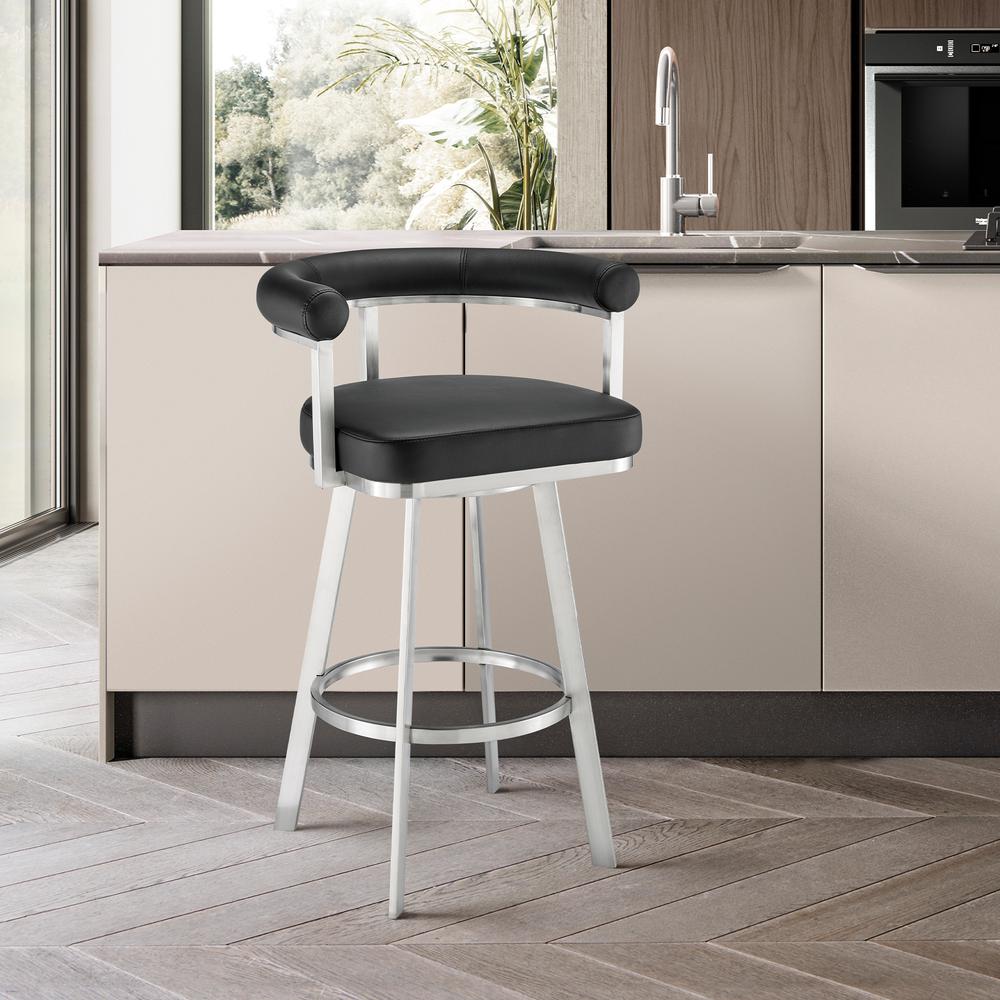 Nolagam Swivel Counter Stool in Brushed Stainless Steel with Black Faux Leather. Picture 9