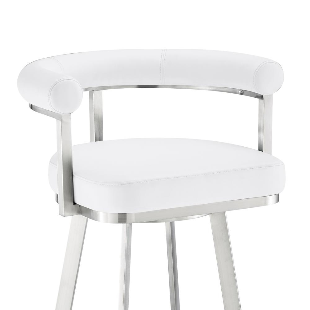 Nolagam Swivel Counter Stool in Brushed Stainless Steel with White Faux Leather. Picture 5