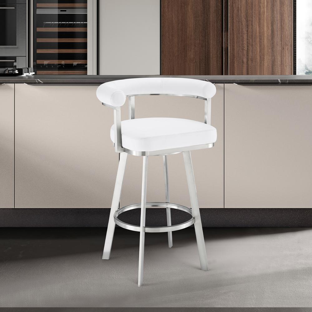 Nolagam Swivel Counter Stool in Brushed Stainless Steel with White Faux Leather. Picture 9
