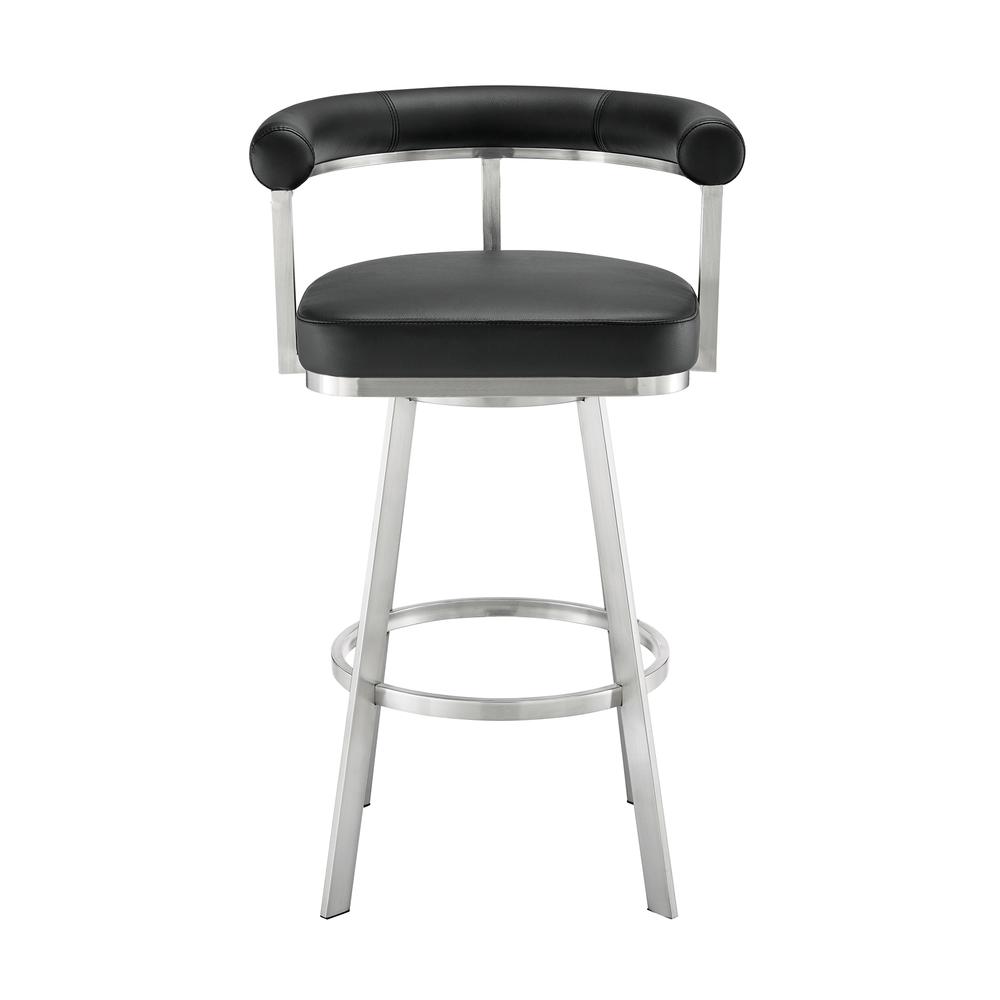 Nolagam Swivel Bar Stool in Brushed Stainless Steel with Black Faux Leather. Picture 1