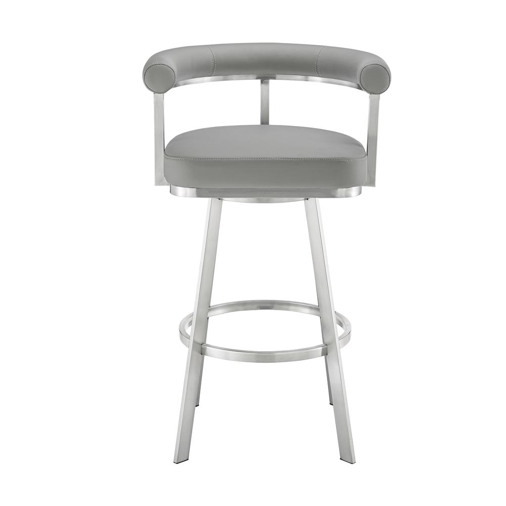 Nolagam Swivel Bar Stool in Brushed Stainless Steel with Light Grey Faux Leather. Picture 1
