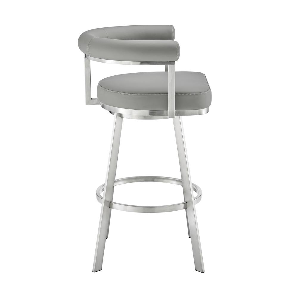 Nolagam Swivel Bar Stool in Brushed Stainless Steel with Light Grey Faux Leather. Picture 2