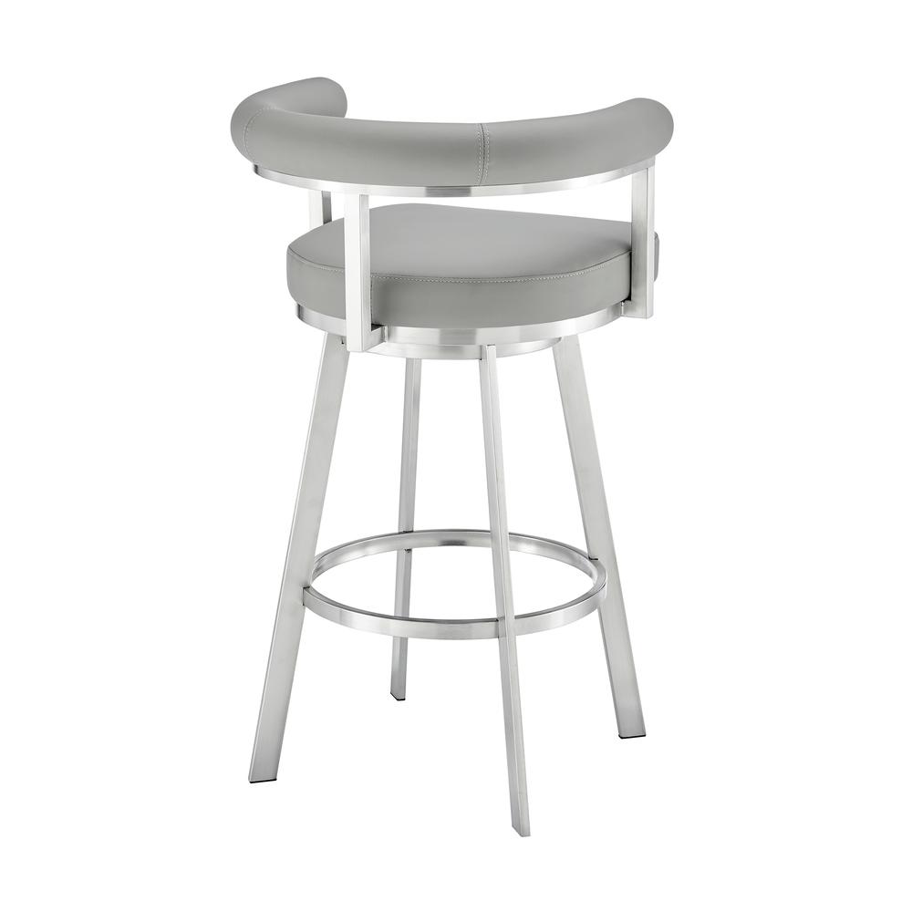 Nolagam Swivel Bar Stool in Brushed Stainless Steel with Light Grey Faux Leather. Picture 3