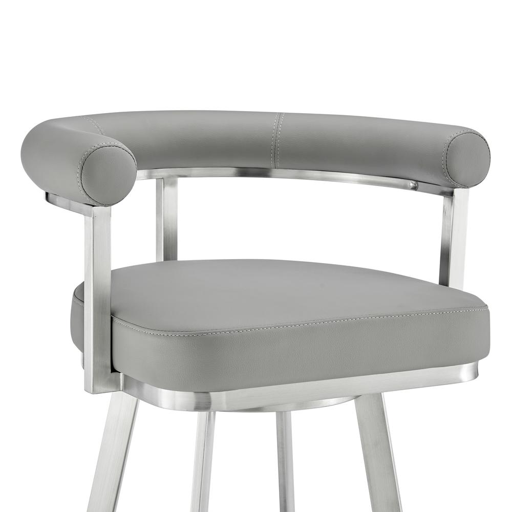 Nolagam Swivel Bar Stool in Brushed Stainless Steel with Light Grey Faux Leather. Picture 5