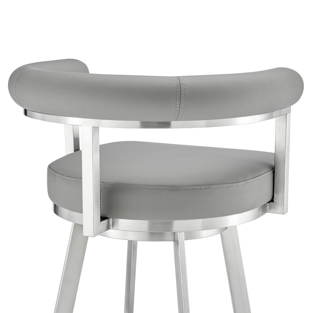 Nolagam Swivel Bar Stool in Brushed Stainless Steel with Light Grey Faux Leather. Picture 6