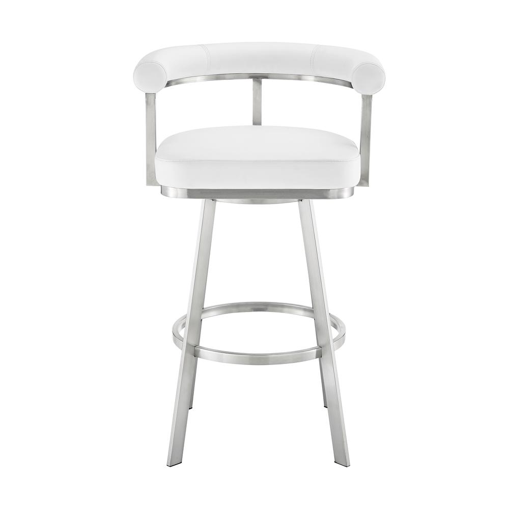 Nolagam Swivel Bar Stool in Brushed Stainless Steel with White Faux Leather. Picture 1