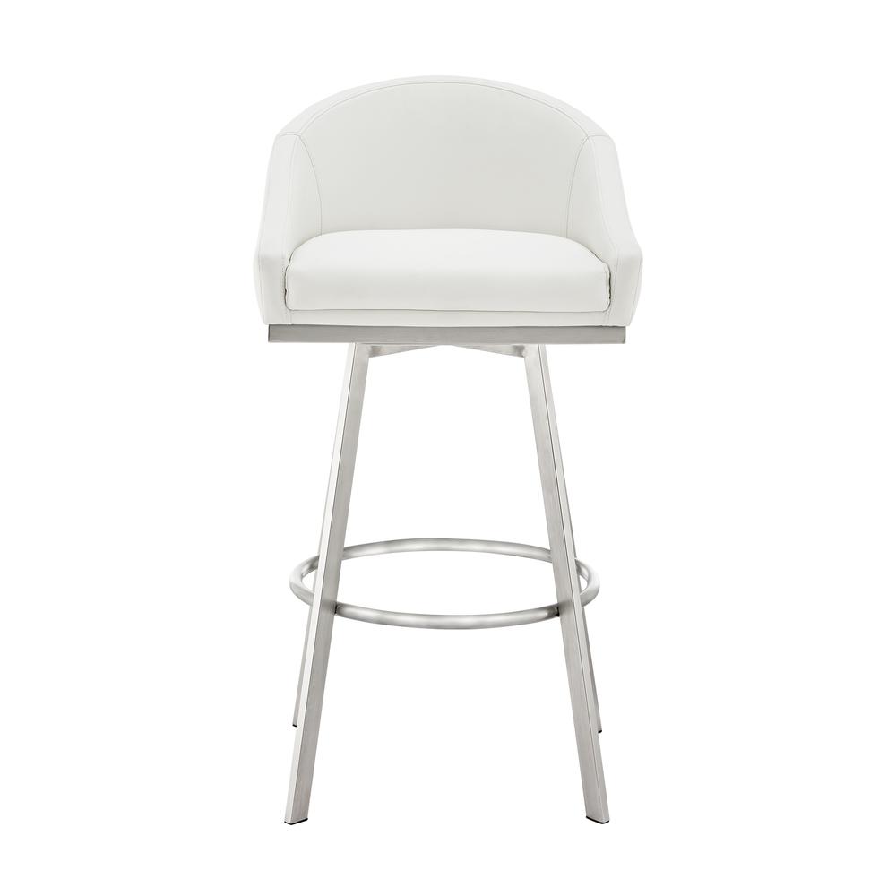 Noran Swivel Bar Stool in Brushed Stainless Steel with White Faux Leather. Picture 1