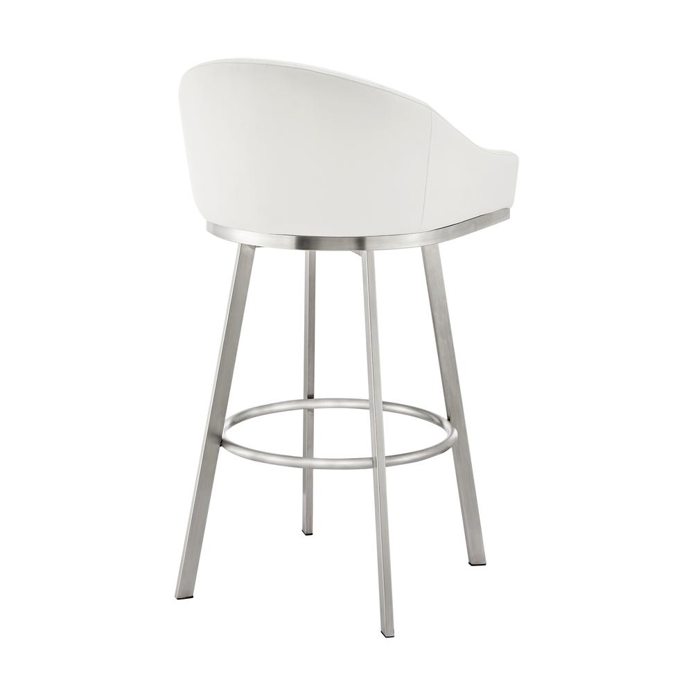 Noran Swivel Bar Stool in Brushed Stainless Steel with White Faux Leather. Picture 3