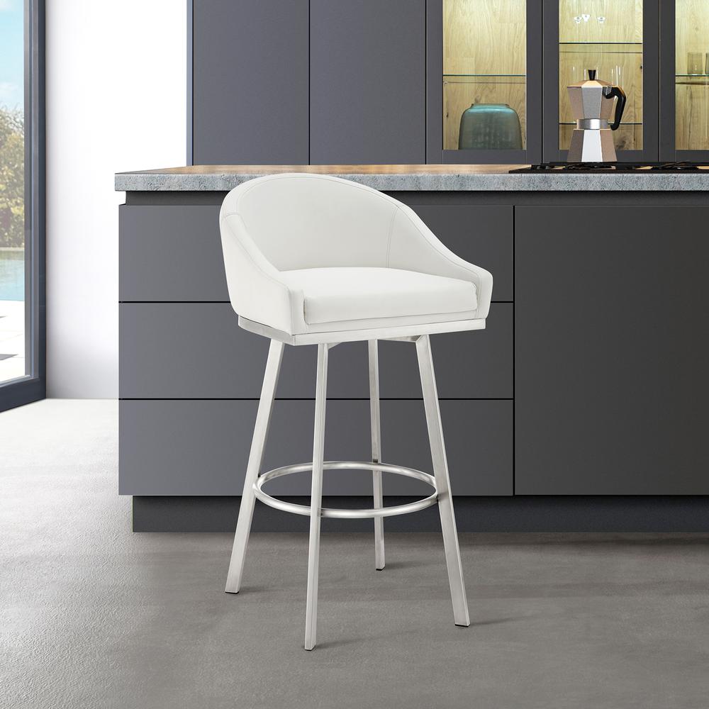 Noran Swivel Bar Stool in Brushed Stainless Steel with White Faux Leather. Picture 10