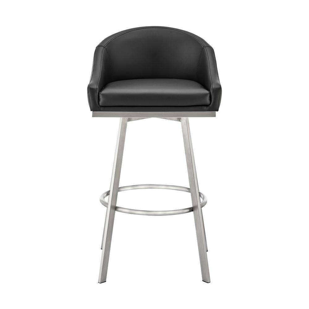 Noran Swivel Bar Stool in Brushed Stainless Steel with Black Faux Leather. Picture 1