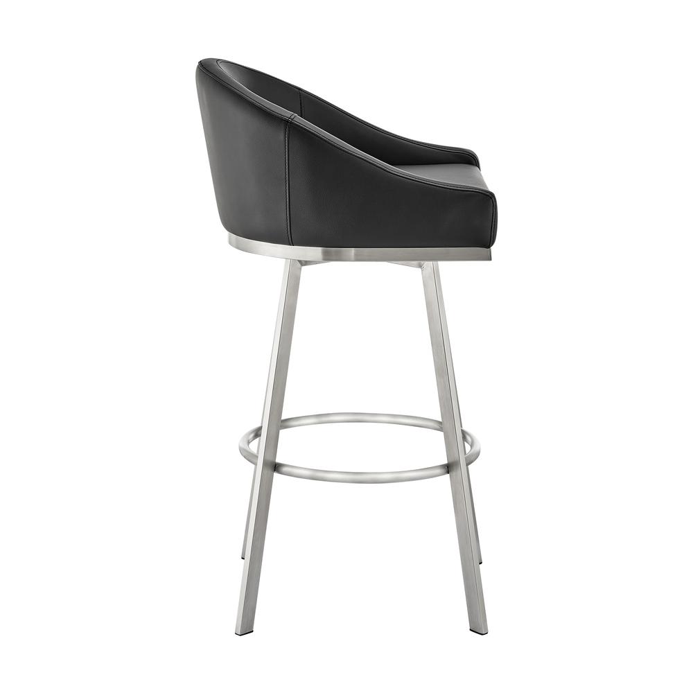 Noran Swivel Bar Stool in Brushed Stainless Steel with Black Faux Leather. Picture 2